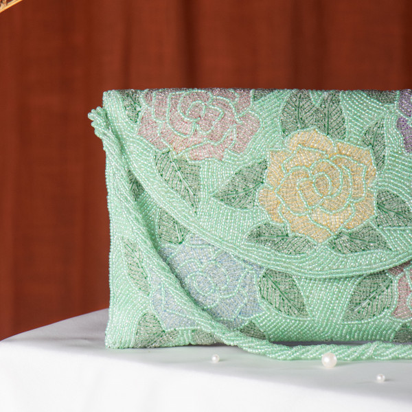 Pista Green Hand-Beaded Floral Bridal Clutch Bag