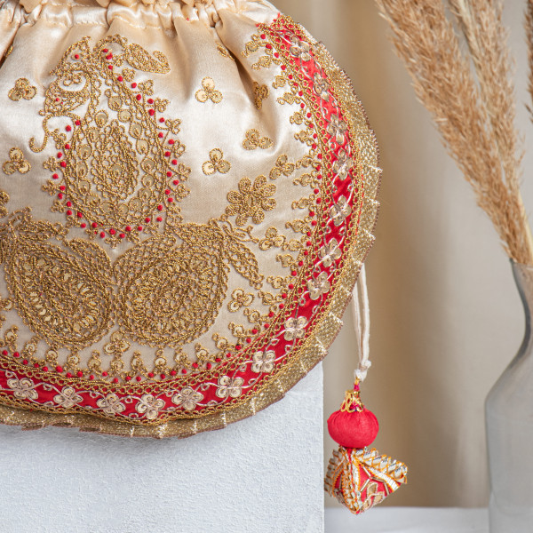 Beige Silk Marodi Potli Bag