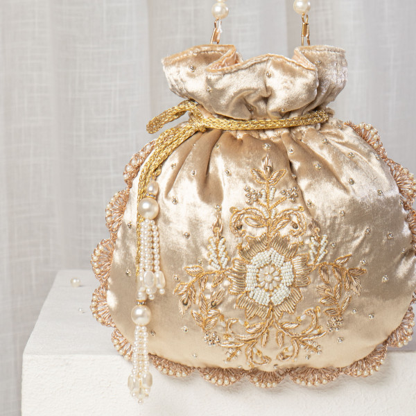 Golden Champagne Velvet Zardosi Potli