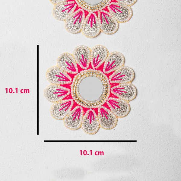 Handcrafted Floral Applique Patch | Pink Center | Thread Work, Beads & Zardozi Embroidery | Mirror Work Designer Patch for Sarees, Lehengas & Blouses | Size: 10.1 cm(SET OF 10)