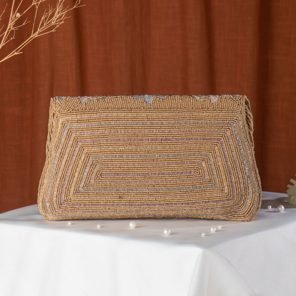 Copper Hand-Beaded Multi-Color Floral Flap Clutch