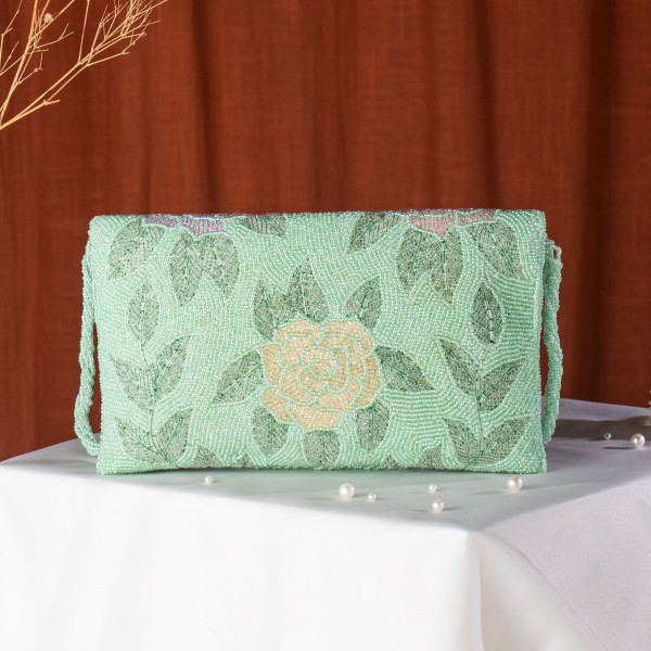Pista Green Hand-Beaded Floral Bridal Clutch Bag