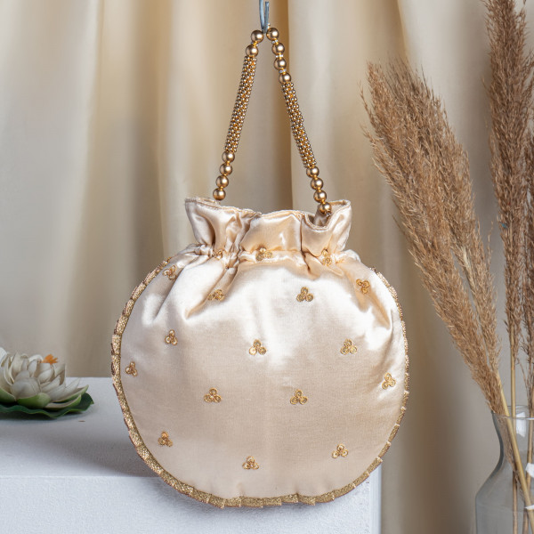 Beige Silk Marodi Potli Bag