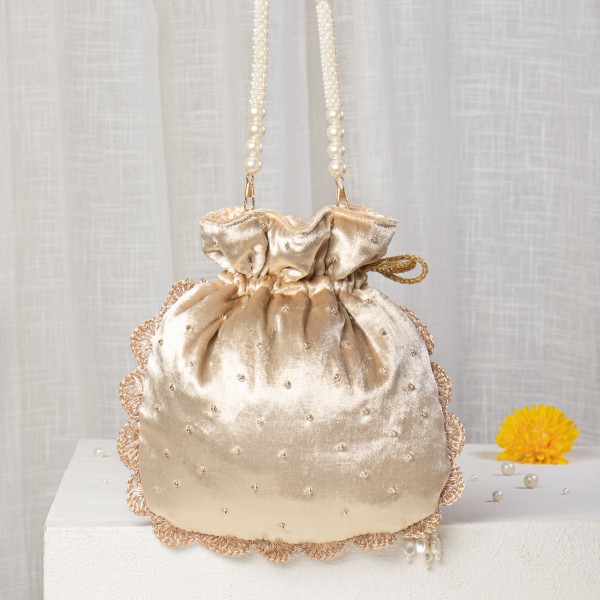 Golden Champagne Velvet Zardosi Potli