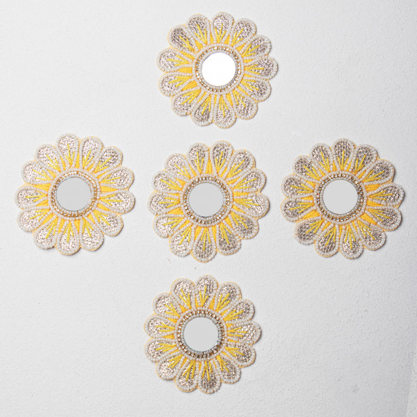 Handcrafted Floral Applique Patch | Yellow Center | Thread Work, Beads & Zardozi Embroidery | Mirror Work Decorative Patch for Sarees, Lehengas & Blouses | Size: 10.1 cm(SET OF 10)