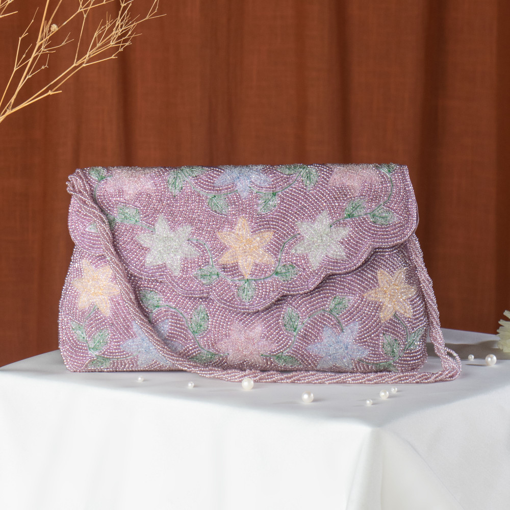 Image of Lavender Hand-Beaded Multi-Color Floral Flap Clutch