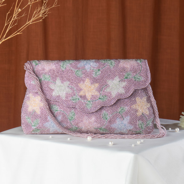 Lavender Hand-Beaded Multi-Color Floral Flap Clutch