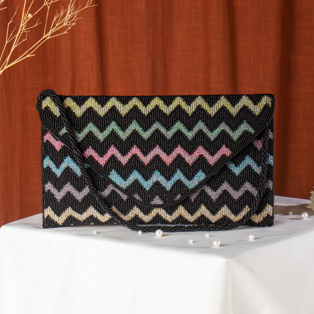 Image of Black Multicoloured Chevron Pattern Hand-Embroidered Envelope Clutch