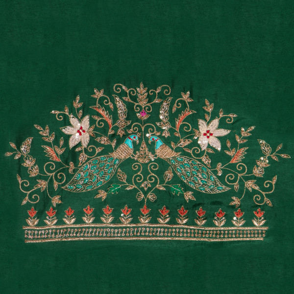 Premium Russian Silk Fabric with Hand-Embroidered Zardozi Peacock Motifs (1 Meter)