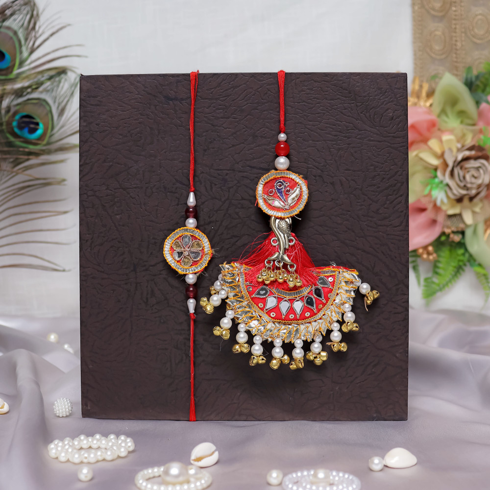 Image of Festive Gota &amp; Mirror Work Bhaiya Bhabhi Lumba Rakhi Set