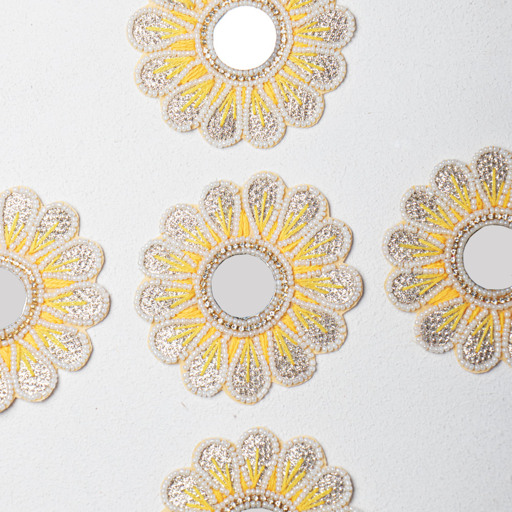 Image of Handcrafted Floral Applique Patch | Yellow Center | Thread Work, Beads &amp; Zardozi Embroidery | Mirror Work Decorative Patch for Sarees, Lehengas &amp; Blouses | Size: 10.1 cm(SET OF 10)