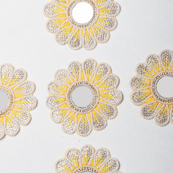 Handcrafted Floral Applique Patch | Yellow Center | Thread Work, Beads & Zardozi Embroidery | Mirror Work Decorative Patch for Sarees, Lehengas & Blouses | Size: 10.1 cm(SET OF 10)