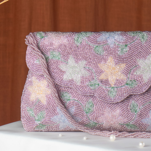 Lavender Hand-Beaded Multi-Color Floral Flap Clutch