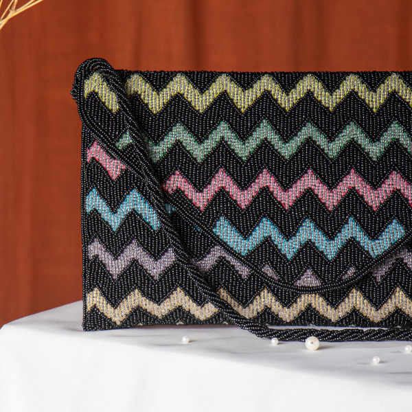 Black Multicoloured Chevron Pattern Hand-Embroidered Envelope Clutch