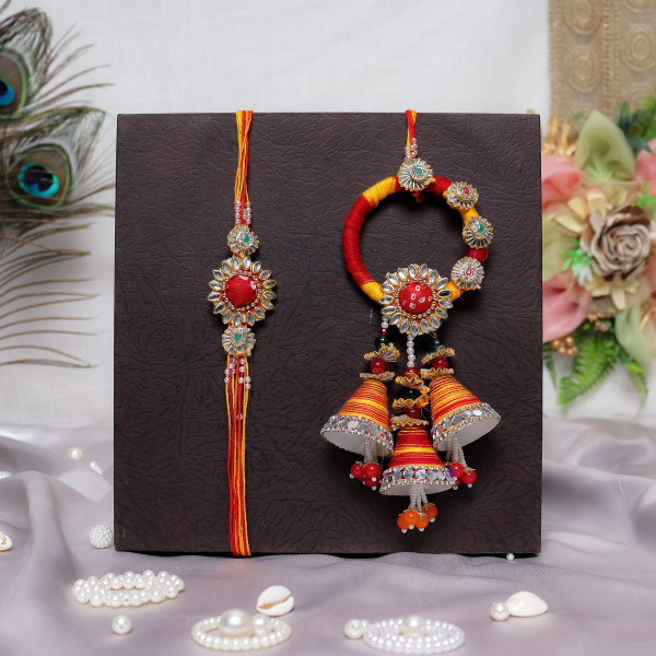 Auspicious Red & Yellow Bhaiya Bhabhi Lumba Rakhi Set | Handcrafted Pair Rakhi