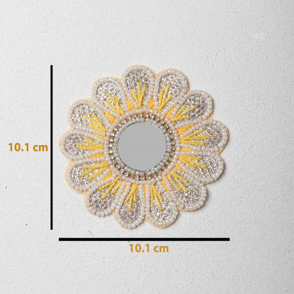 Handcrafted Floral Applique Patch | Yellow Center | Thread Work, Beads & Zardozi Embroidery | Mirror Work Decorative Patch for Sarees, Lehengas & Blouses | Size: 10.1 cm(SET OF 10)