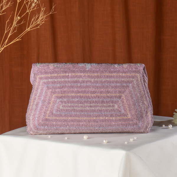 Lavender Hand-Beaded Multi-Color Floral Flap Clutch