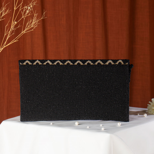 Black Multicoloured Chevron Pattern Hand-Embroidered Envelope Clutch