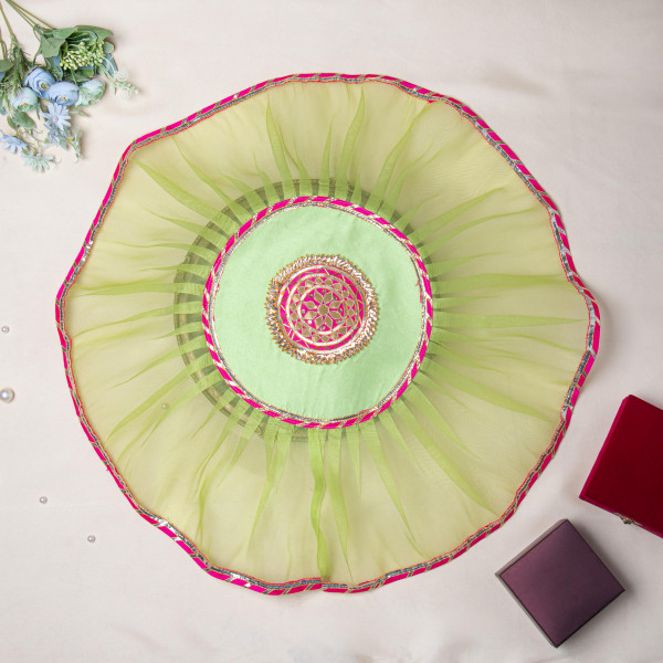 Rani Decorative Traditional Indian Gota Embellish Organza Thali Cover Pooja Thali | Handmade Aarti Thali Cover | Thaal Cover