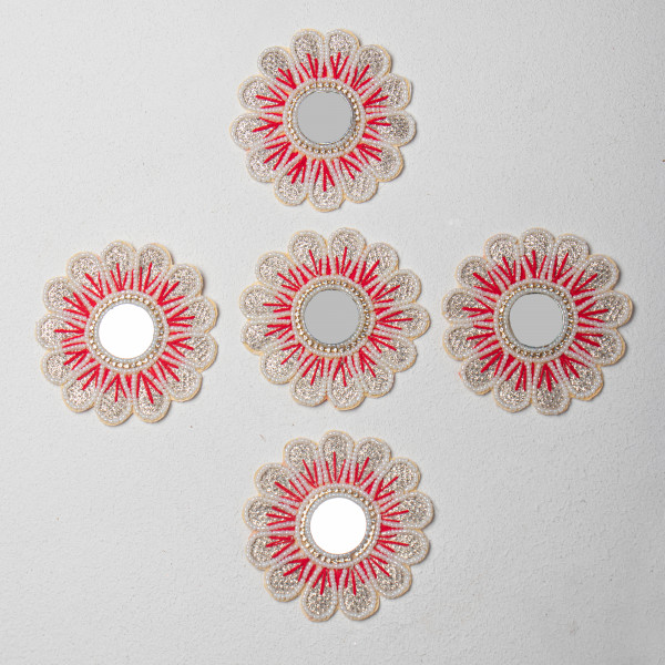 Handcrafted Floral Applique Patch | Red Center | Thread Work, Beads & Zardozi Embroidery | Mirror Work Designer Patch for Sarees, Lehengas & Blouses | Size: 10.1 cm(SET OF 10)