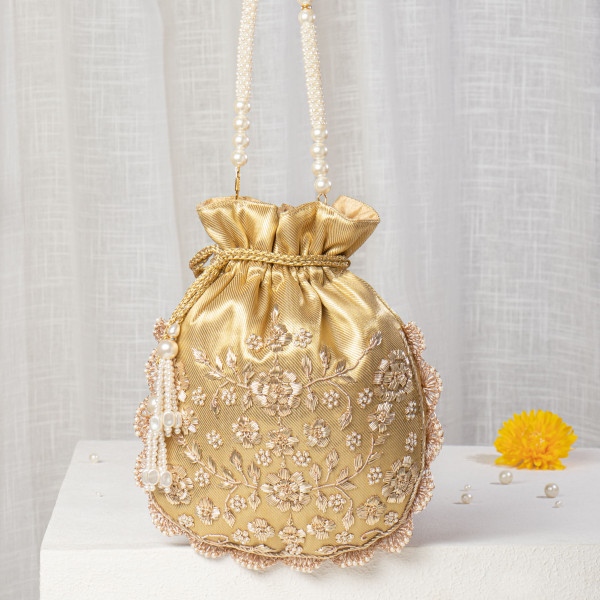 Mustard Gold Silk Potli Bag with Heavy Floral Embroidery and Scallop Edge