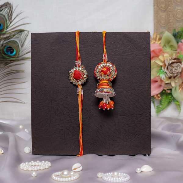 Premium Handmade Bhai Bhabhi Rakhi Combo - Vibrant Red and Yellow Festive Thread Set