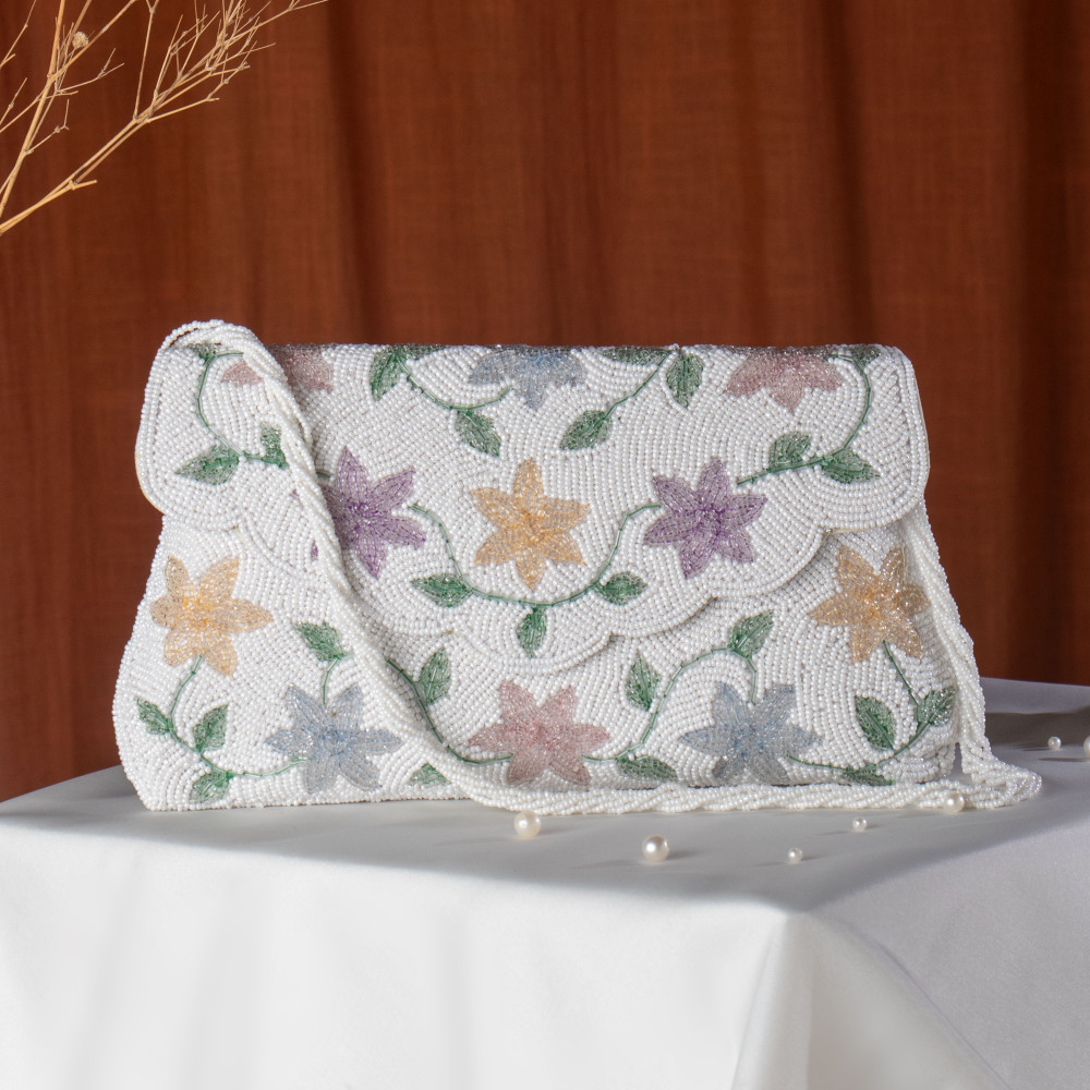 Image of Off White Hand-Beaded Multi-Color Floral Flap Clutch