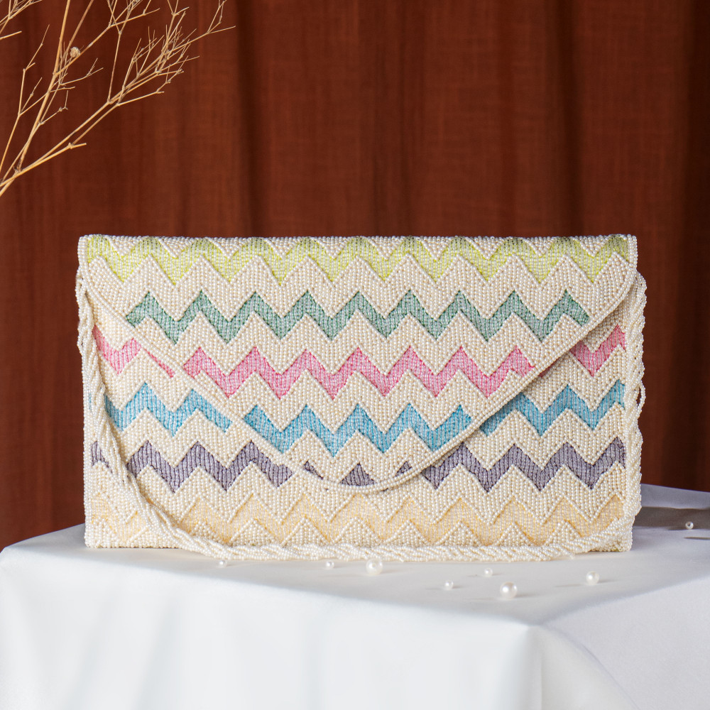Image of Off White Multicoloured Chevron Pattern Hand-Embroidered Envelope Clutch