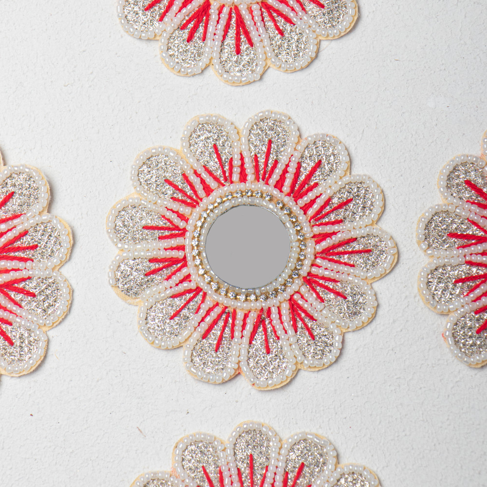 Image of Handcrafted Floral Applique Patch | Red Center | Thread Work, Beads &amp; Zardozi Embroidery | Mirror Work Designer Patch for Sarees, Lehengas &amp; Blouses | Size: 10.1 cm(SET OF 10)