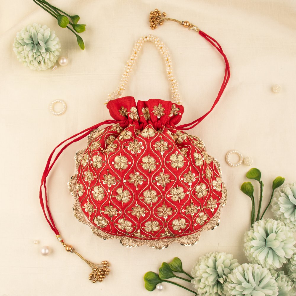 Image of Indian Hand Crafted Zardozi Work Potli Bag With Beaded Chain For Women|| Evening Bags|| Embroidery Handbag