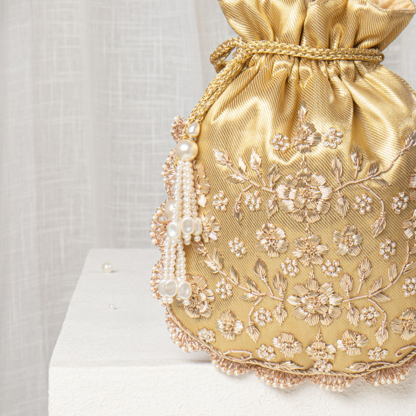 Mustard Gold Silk Potli Bag with Heavy Floral Embroidery and Scallop Edge