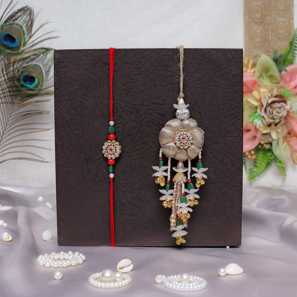 Image of Handcrafted Multi-Beaded Bhai Bhabhi Rakhi Set with Matching Lumba