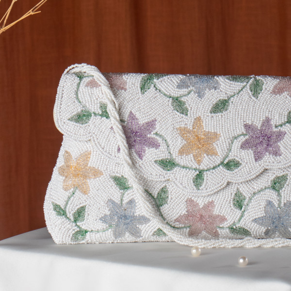 Off White Hand-Beaded Multi-Color Floral Flap Clutch