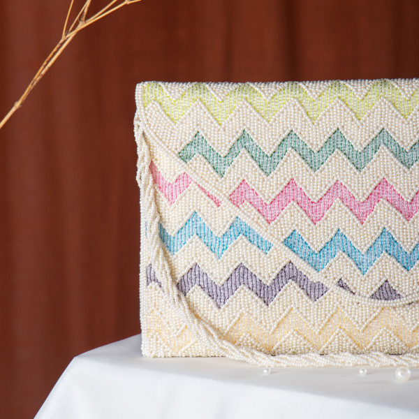 Off White Multicoloured Chevron Pattern Hand-Embroidered Envelope Clutch