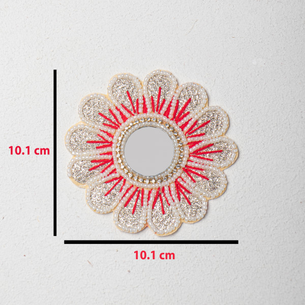 Handcrafted Floral Applique Patch | Red Center | Thread Work, Beads & Zardozi Embroidery | Mirror Work Designer Patch for Sarees, Lehengas & Blouses | Size: 10.1 cm(SET OF 10)