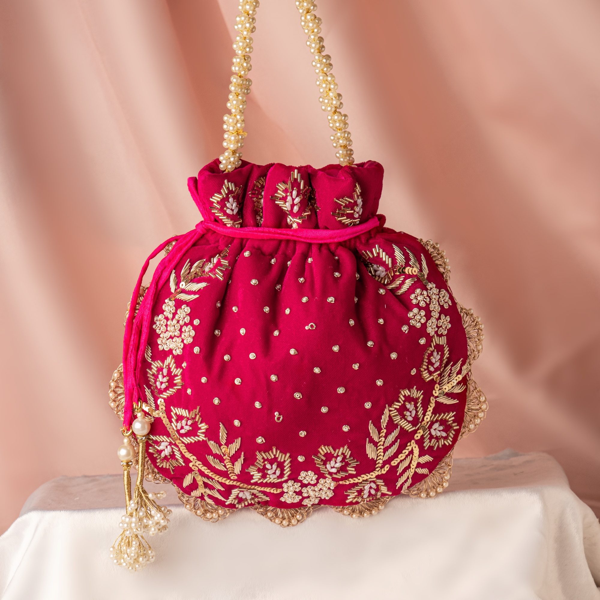 PINK VELVET Moti Katdana Potli Bag - Main Image