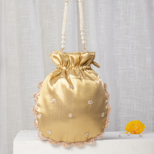 Mustard Gold Silk Potli Bag with Heavy Floral Embroidery and Scallop Edge