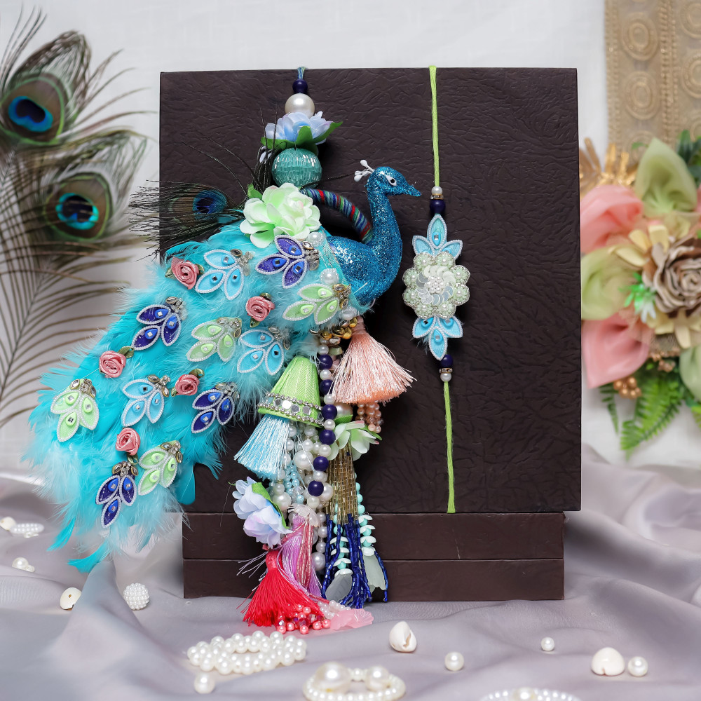 Image of Exclusive Handcrafted Peacock Bhai Bhabhi Rakhi Set | Premium Lumba Rakhi Combo
