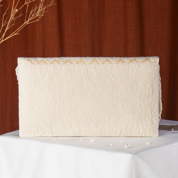 Off White Multicoloured Chevron Pattern Hand-Embroidered Envelope Clutch