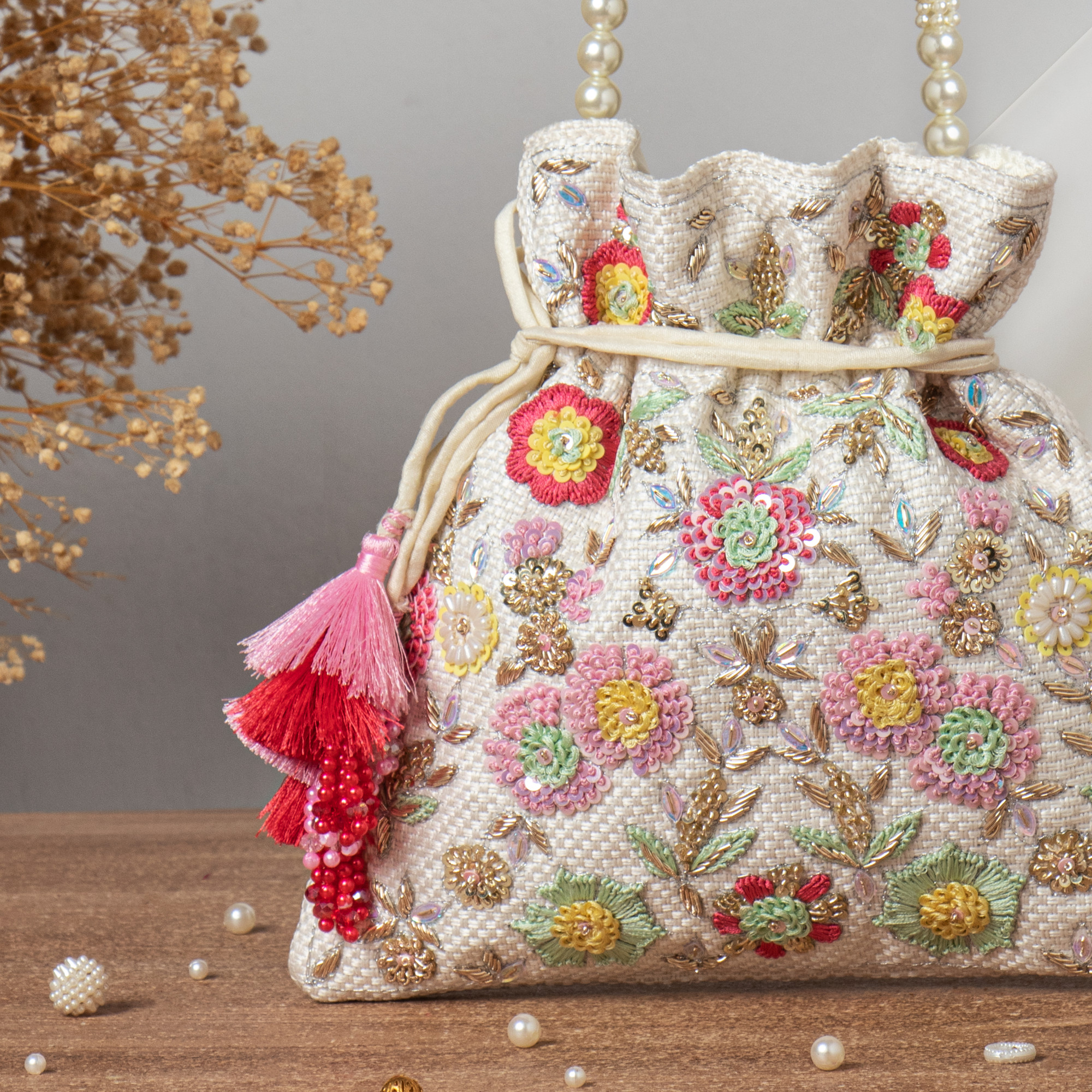 Exquisite Floral Embroidery Beach Wedding Ivory Potli Bag