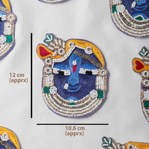 Handcrafted Beaded Krishna Face Applique Patch – Intricate Thread & Bead Embroidery | 12 cm × 10.6 cm