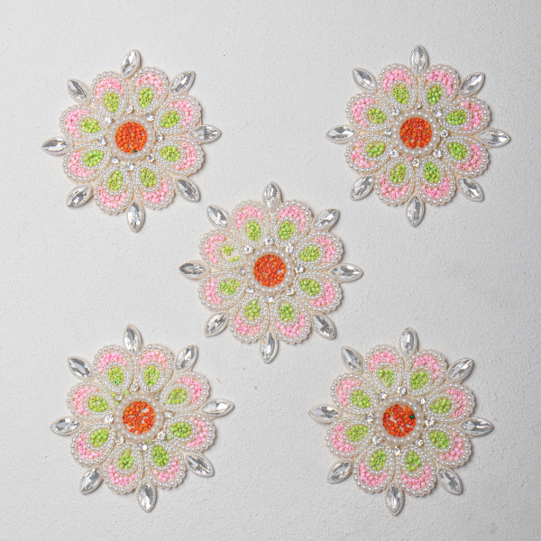 Premium Multicolor Beaded Floral Applique | Handcrafted Pearl & Crystal Stone Embroidery Patch for Sarees, Blouses, Lehengas & DIY Projects | 11.5 cm(set of 10)