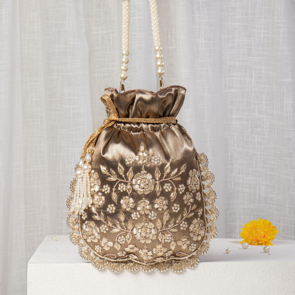 Copper-Bronze Silk Potli Bag with Heavy Floral Jaal Embroidery