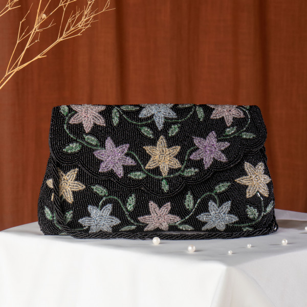 Black Hand-Beaded Multi-Color Floral Flap Clutch