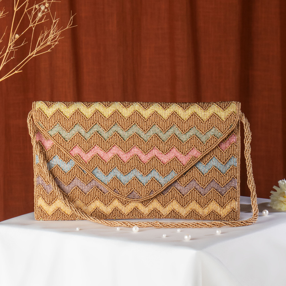 Image of Gold Multicoloured Chevron Pattern Hand-Embroidered Envelope Clutch