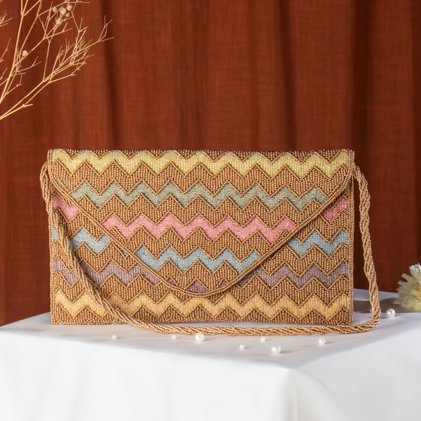 Gold Multicoloured Chevron Pattern Hand-Embroidered Envelope Clutch
