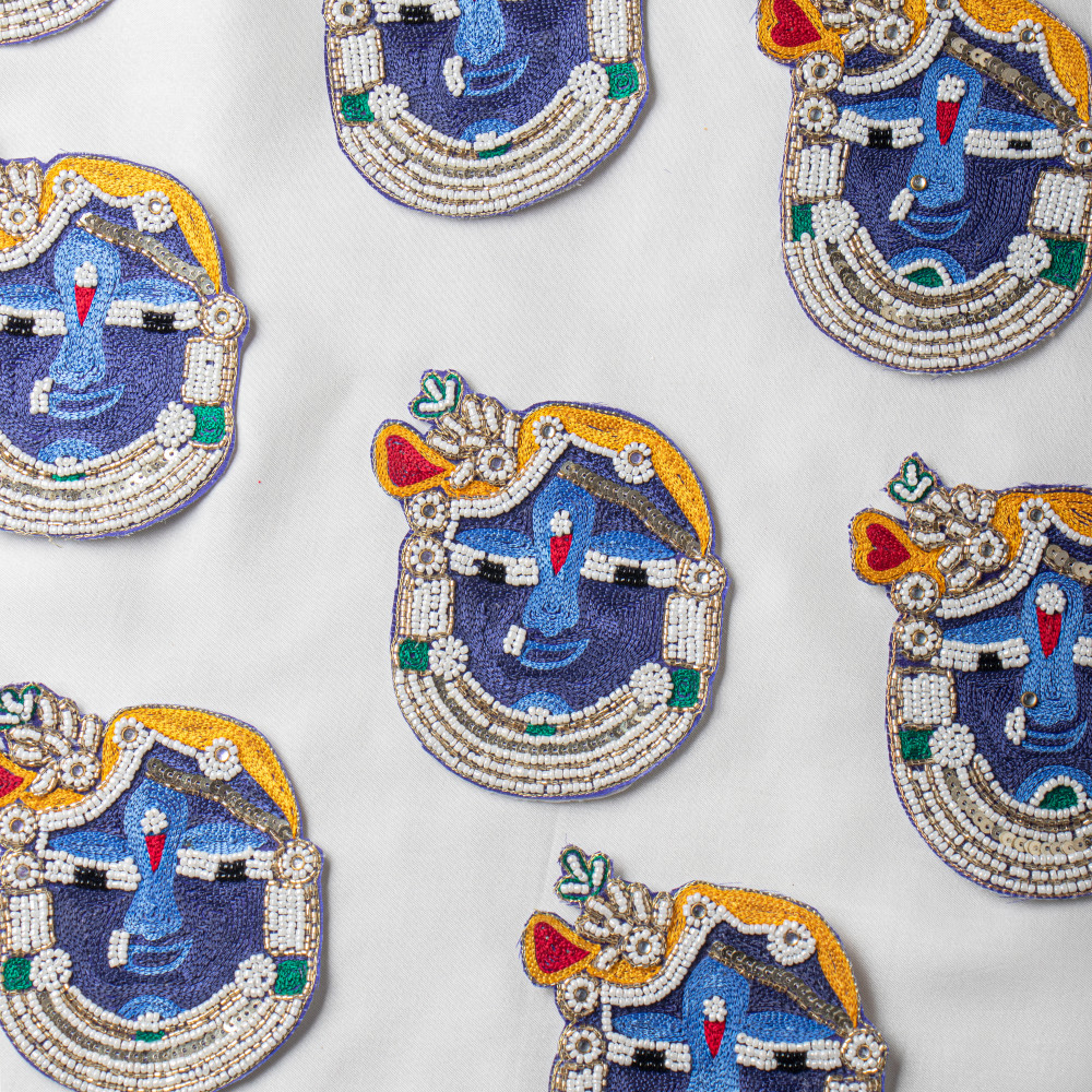 Image of Handcrafted Beaded Krishna Face Applique Patch – Intricate Thread &amp; Bead Embroidery | 12 cm × 10.6 cm