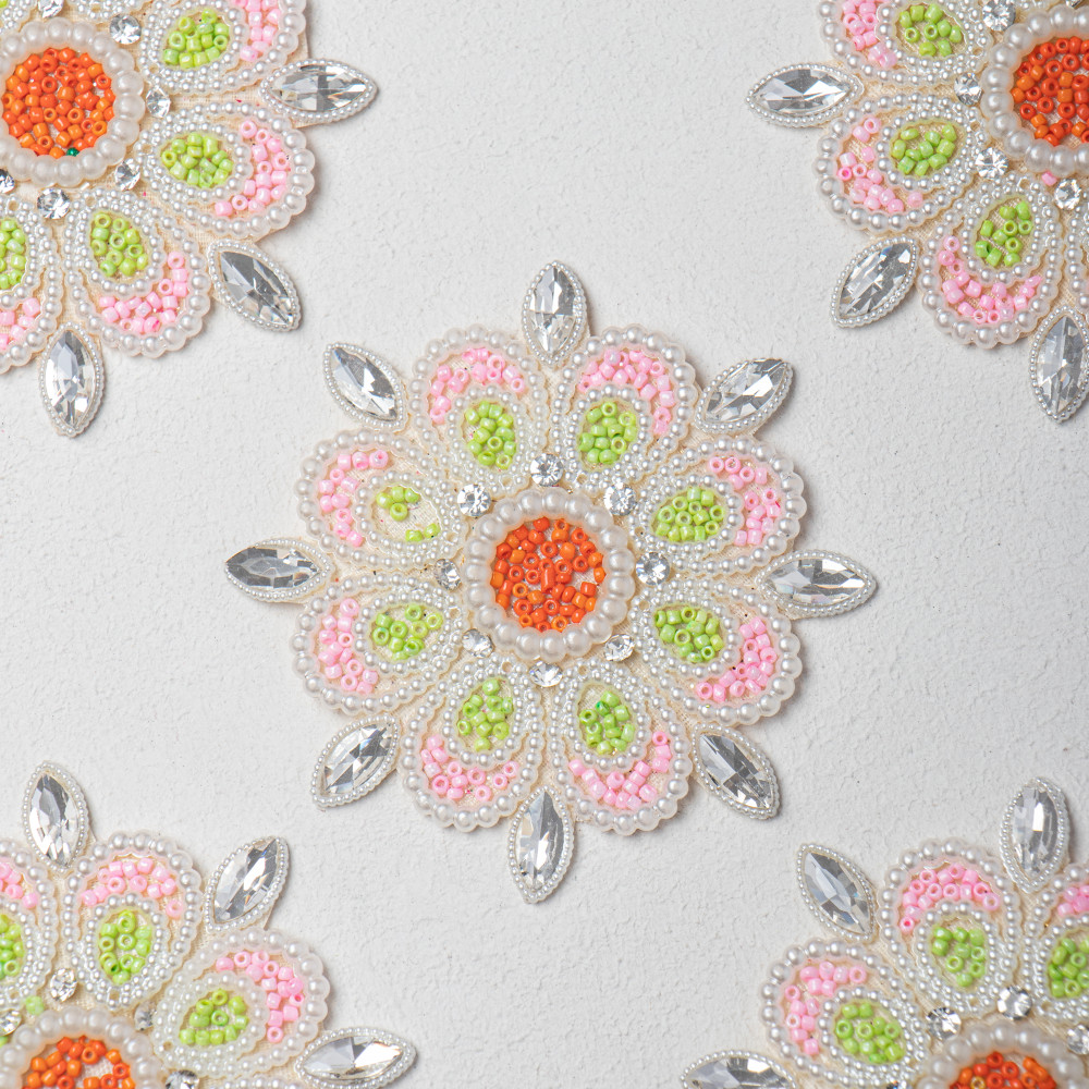 Image of Premium Multicolor Beaded Floral Applique | Handcrafted Pearl &amp; Crystal Stone Embroidery Patch for Sarees, Blouses, Lehengas &amp; DIY Projects | 11.5 cm(set of 10)