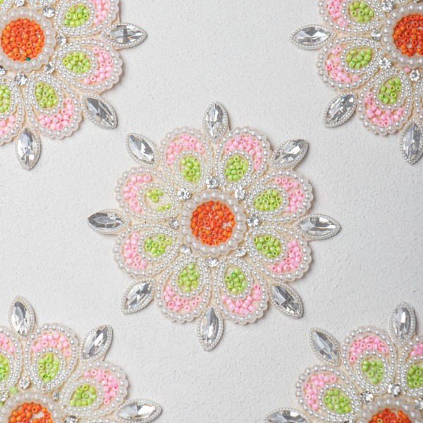 Premium Multicolor Beaded Floral Applique | Handcrafted Pearl & Crystal Stone Embroidery Patch for Sarees, Blouses, Lehengas & DIY Projects | 11.5 cm(set of 10)