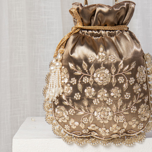 Copper-Bronze Silk Potli Bag with Heavy Floral Jaal Embroidery